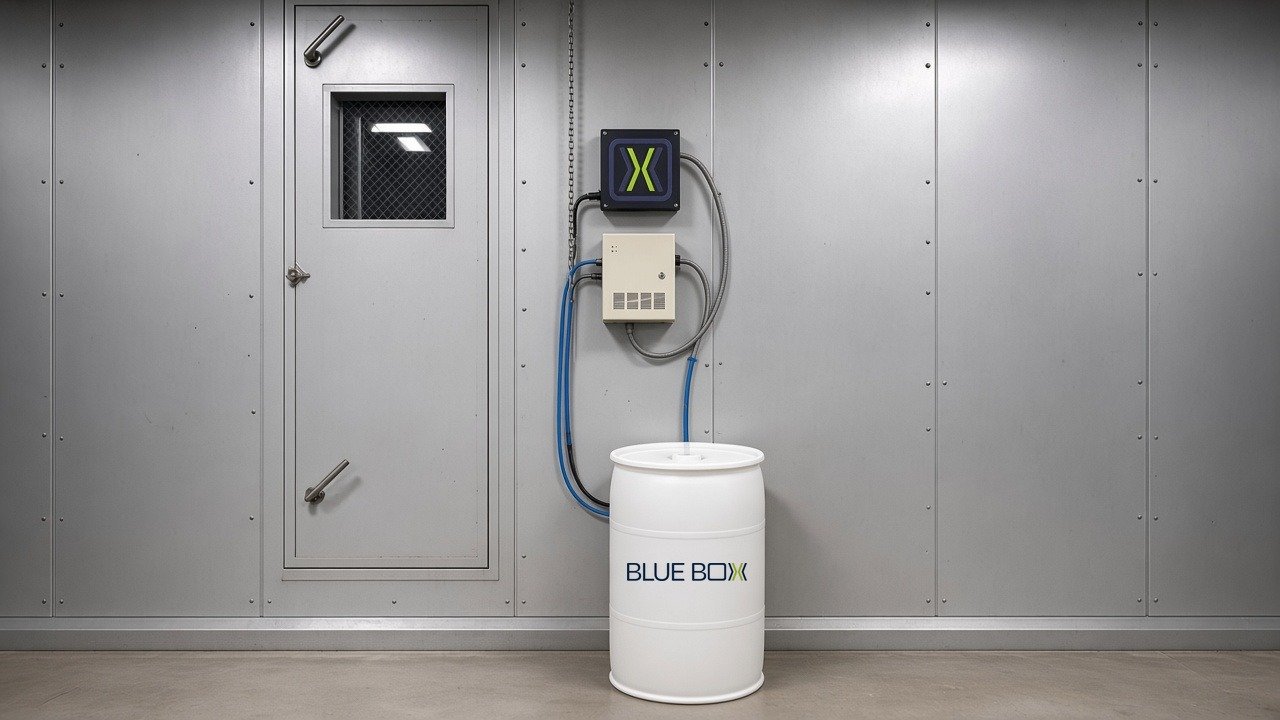 Installed Bio-Automation system: panel, power box, tubing and enzyme barrel