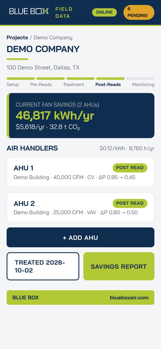 Field app project screen with fan savings and air handler list (demo data)