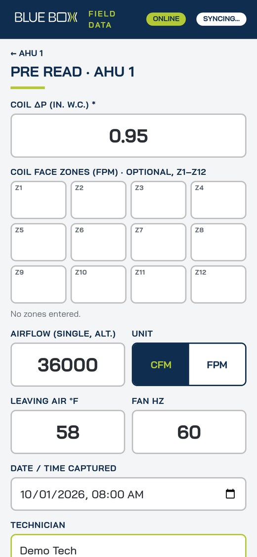 Field app pre-read entry form (demo data)