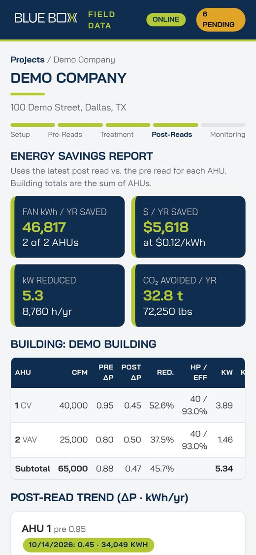 Field app energy savings report (demo data)