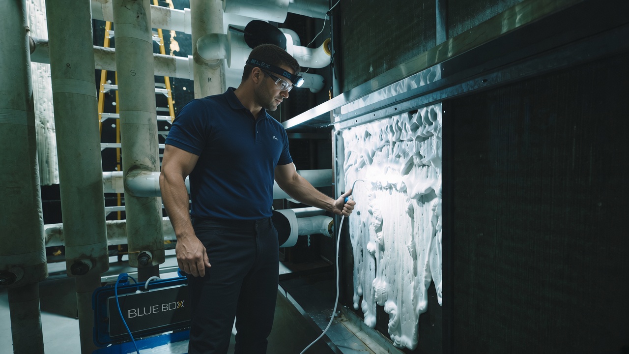 Technician applying Blue Box enzyme foam to an air handler coil